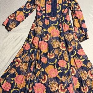 Jaase Floral Boho Floral Maxi Dress Navy Coral Long Sleeve M High Waist Peasant